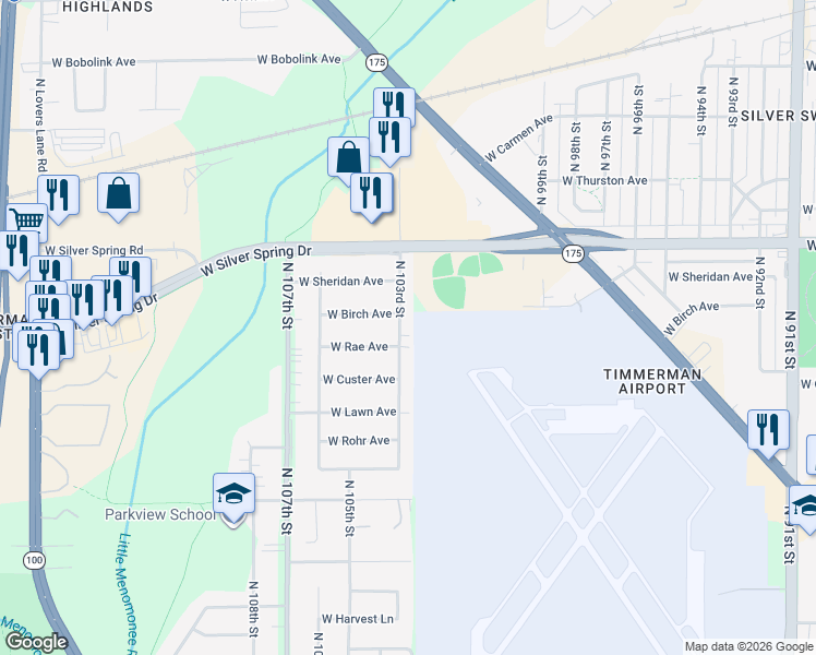 map of restaurants, bars, coffee shops, grocery stores, and more near 5478 North 103rd Street in Milwaukee