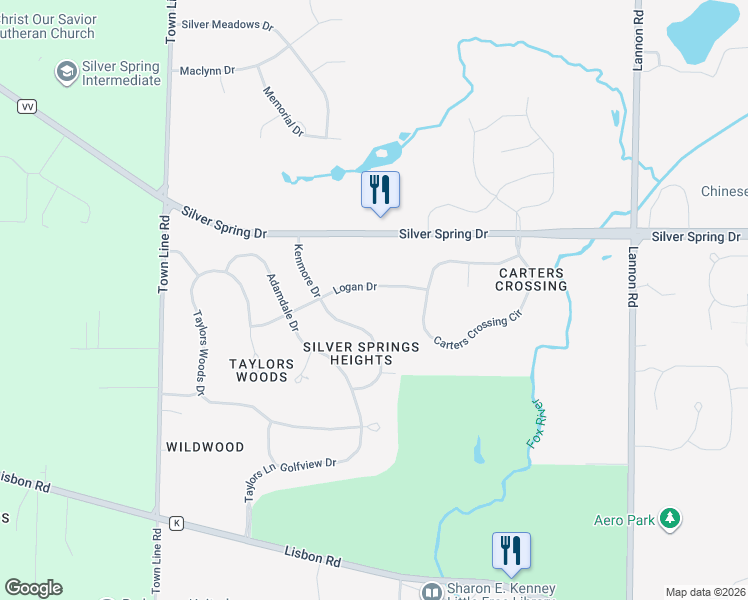 map of restaurants, bars, coffee shops, grocery stores, and more near N55W21289 Logan Drive in Menomonee Falls