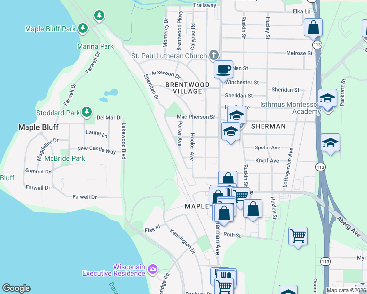 map of restaurants, bars, coffee shops, grocery stores, and more near 1609 Porter Avenue in Madison