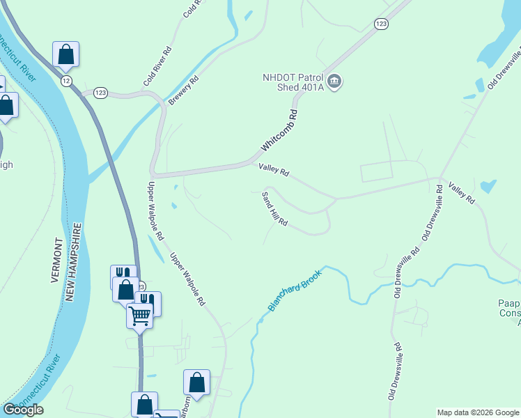 map of restaurants, bars, coffee shops, grocery stores, and more near 63 Sand Hill Road in Walpole