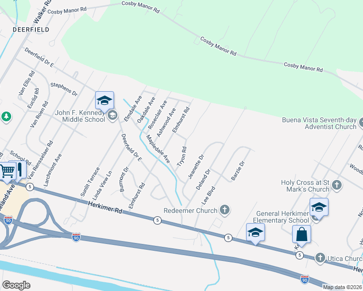 map of restaurants, bars, coffee shops, grocery stores, and more near 465 Tryon Road in Utica