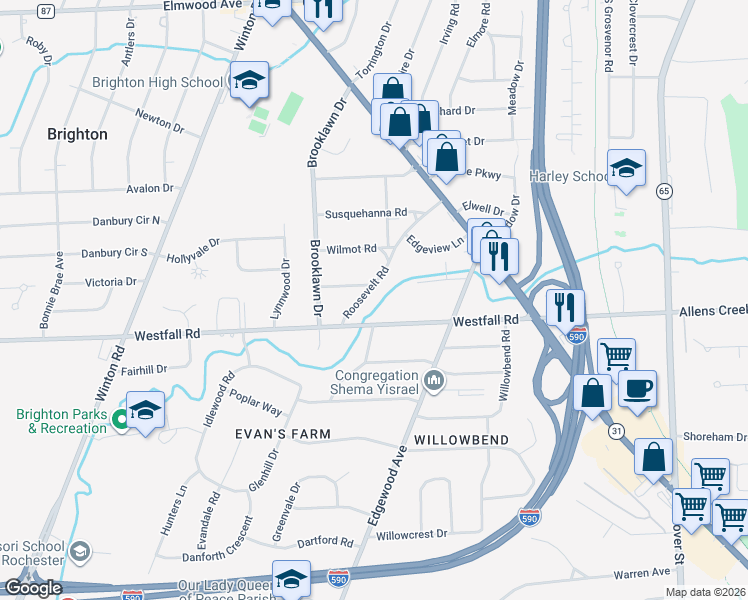 map of restaurants, bars, coffee shops, grocery stores, and more near 172 Roosevelt Road in Rochester
