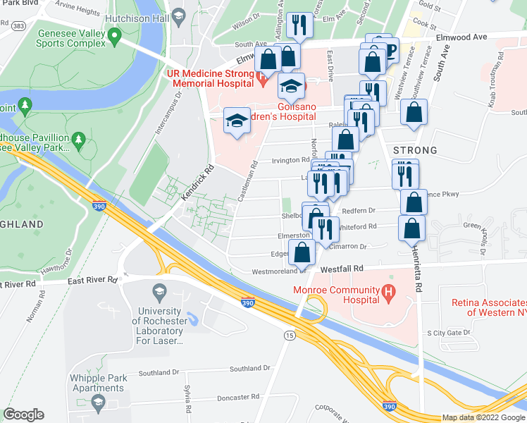map of restaurants, bars, coffee shops, grocery stores, and more near 9 Stanford Road West in Rochester