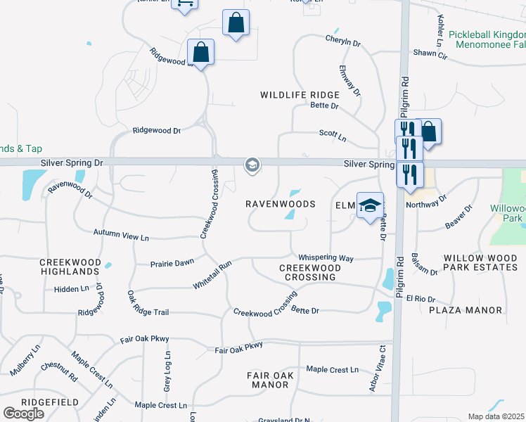 map of restaurants, bars, coffee shops, grocery stores, and more near W162N5516 Westwind Drive in Menomonee Falls