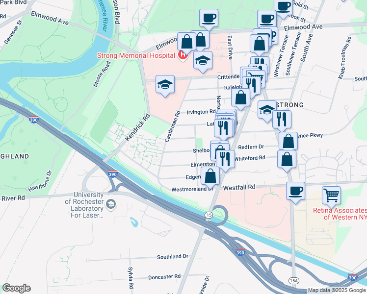 map of restaurants, bars, coffee shops, grocery stores, and more near 152 Shelbourne Road in Rochester