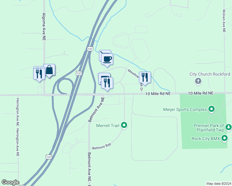 map of restaurants, bars, coffee shops, grocery stores, and more near 2885 10 Mile Road Northeast in Rockford