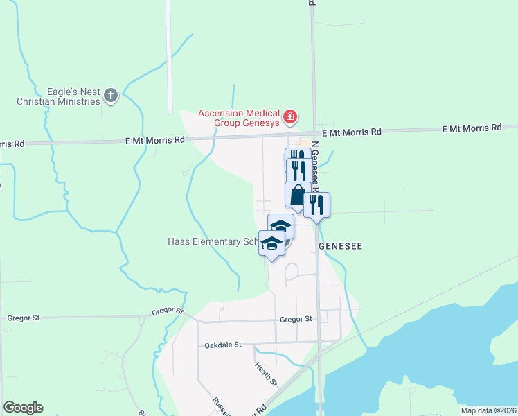 map of restaurants, bars, coffee shops, grocery stores, and more near 7407 Roger Thomas Drive in Mount Morris