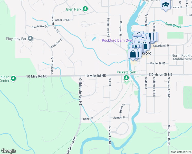 map of restaurants, bars, coffee shops, grocery stores, and more near 166 Hunters Lane Northeast in Rockford