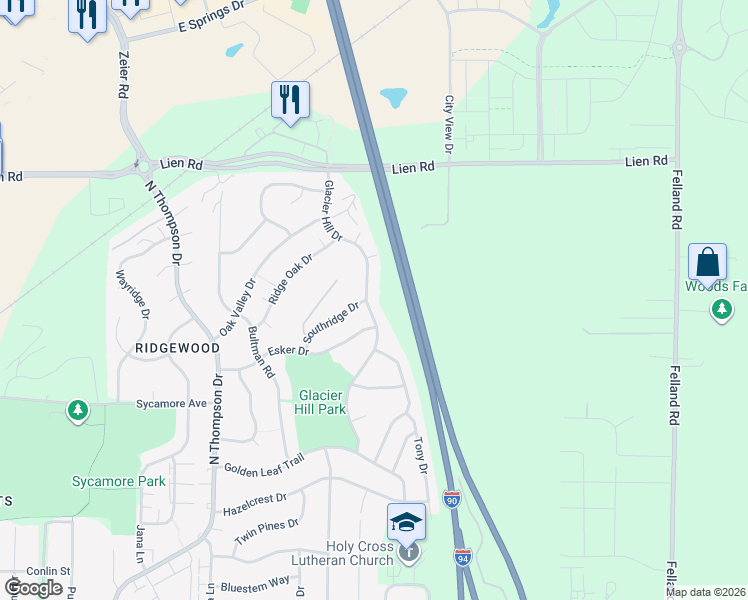 map of restaurants, bars, coffee shops, grocery stores, and more near 1305 Glacier Hill Drive in Madison