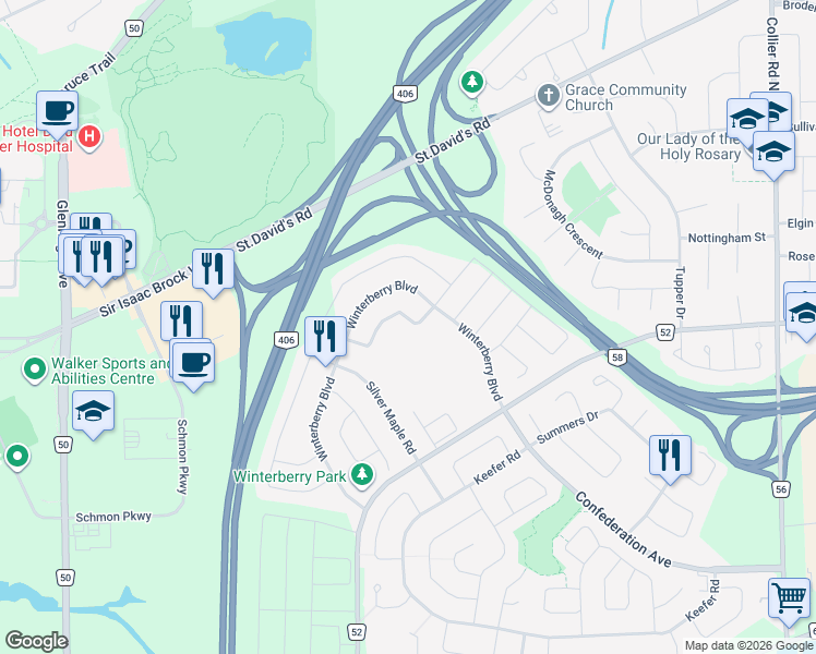 map of restaurants, bars, coffee shops, grocery stores, and more near in Thorold