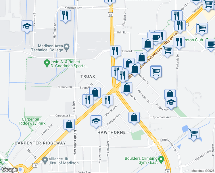 map of restaurants, bars, coffee shops, grocery stores, and more near 1701 Rowland Avenue in Madison