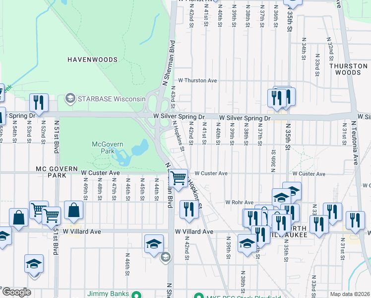 map of restaurants, bars, coffee shops, grocery stores, and more near 5472 North Hopkins Street in Milwaukee