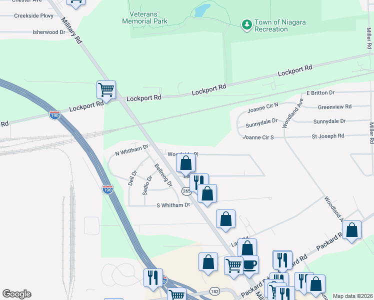 map of restaurants, bars, coffee shops, grocery stores, and more near 6304 Woodside Place in Niagara Falls
