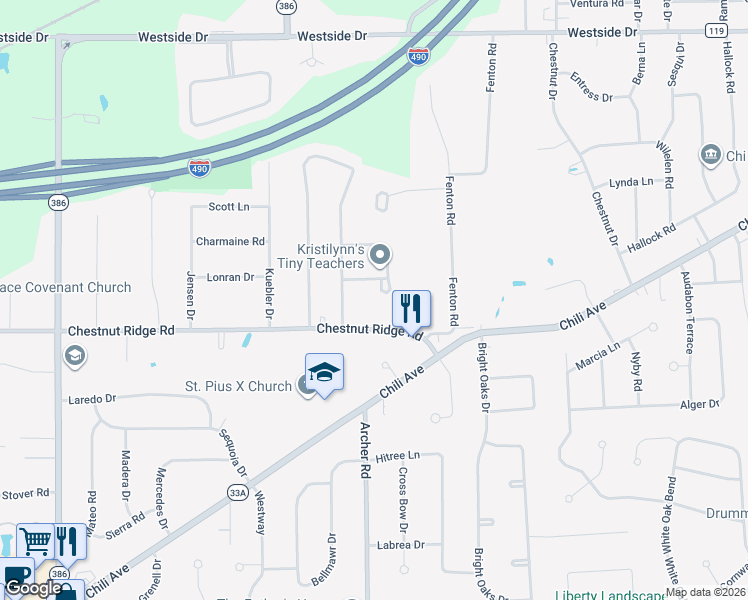 map of restaurants, bars, coffee shops, grocery stores, and more near 18 White Birch Circle in Rochester