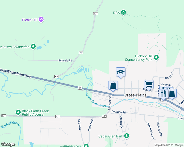 map of restaurants, bars, coffee shops, grocery stores, and more near 8749 Sherwood Forest Lane in Cross Plains