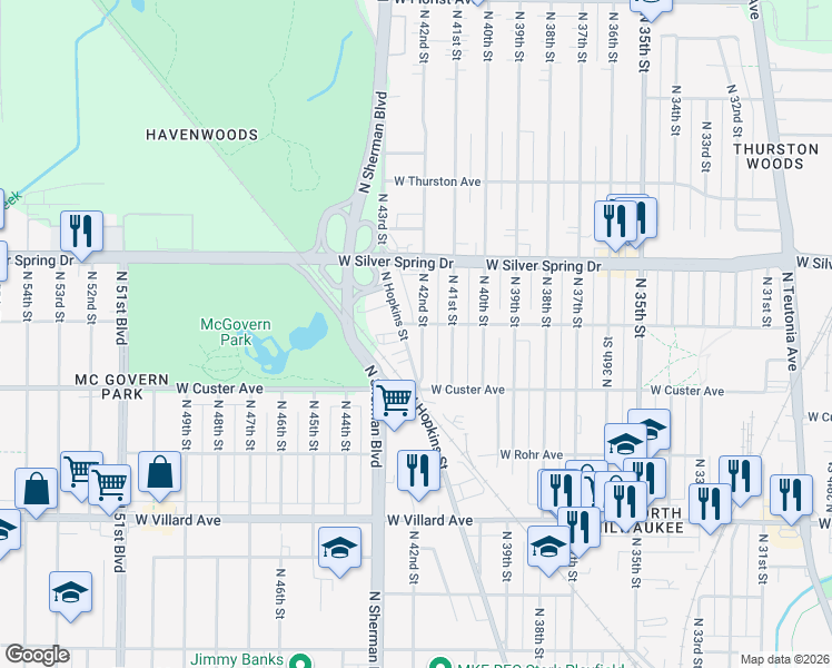 map of restaurants, bars, coffee shops, grocery stores, and more near 5471 North 42nd Street in Milwaukee