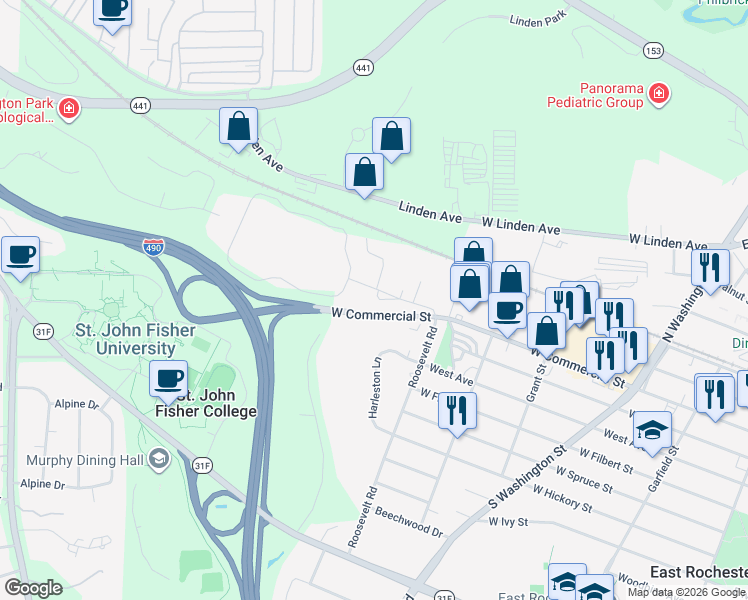 map of restaurants, bars, coffee shops, grocery stores, and more near 17 Country Club Road in East Rochester