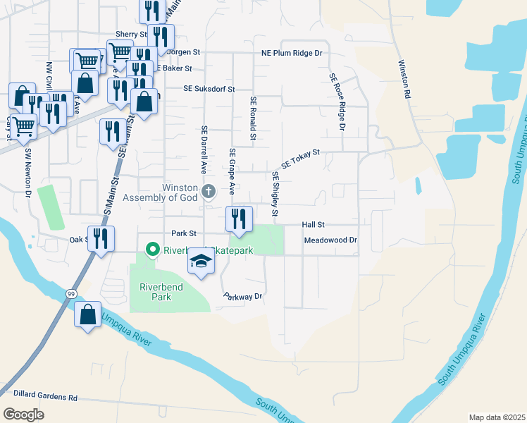 map of restaurants, bars, coffee shops, grocery stores, and more near 391 Southeast Carroll Street in Winston