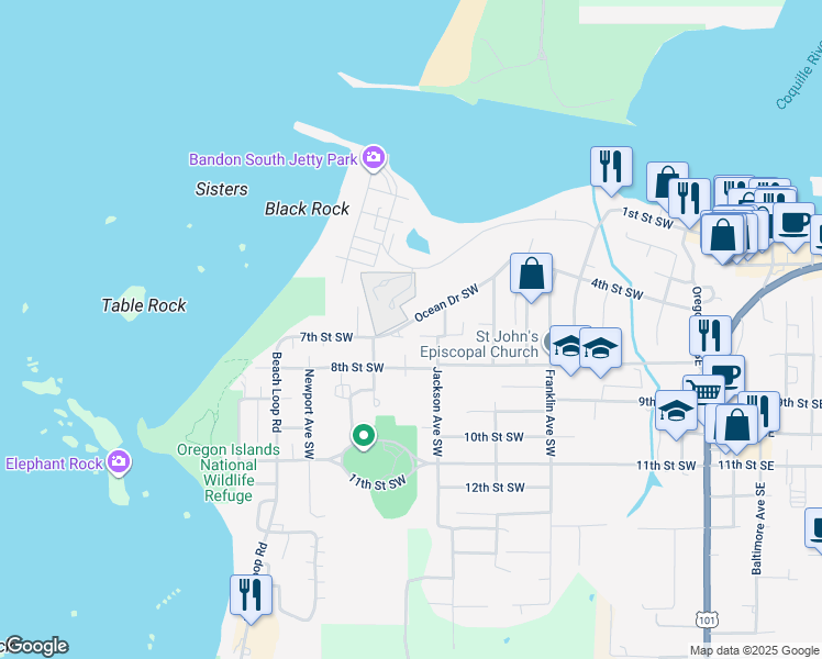 map of restaurants, bars, coffee shops, grocery stores, and more near 975 Ocean Drive Southwest in Bandon