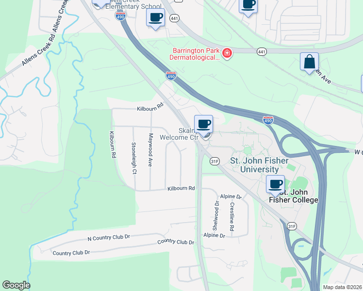 map of restaurants, bars, coffee shops, grocery stores, and more near 3655 East Avenue in Rochester