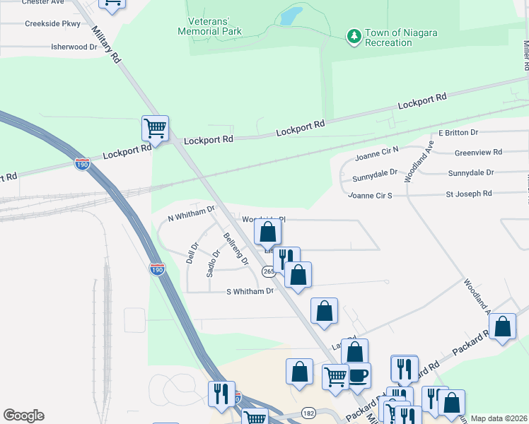 map of restaurants, bars, coffee shops, grocery stores, and more near 6304 Woodside Place in Niagara Falls