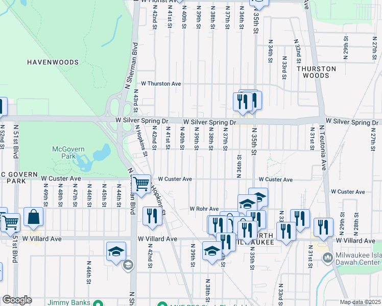 map of restaurants, bars, coffee shops, grocery stores, and more near 3906 West Sheridan Avenue in Milwaukee