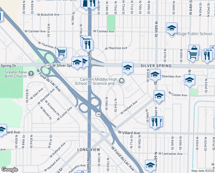 map of restaurants, bars, coffee shops, grocery stores, and more near 5494 North 75th Street in Milwaukee