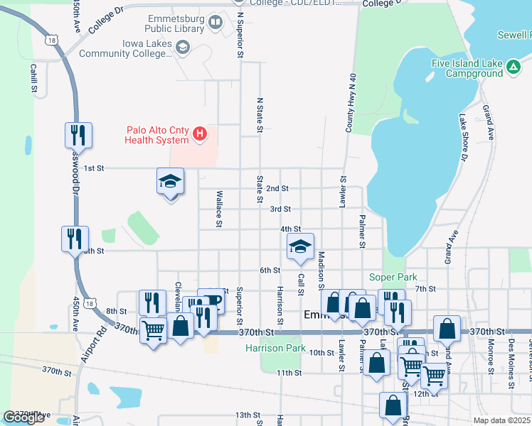 map of restaurants, bars, coffee shops, grocery stores, and more near 2801-2899 3rd Street in Emmetsburg