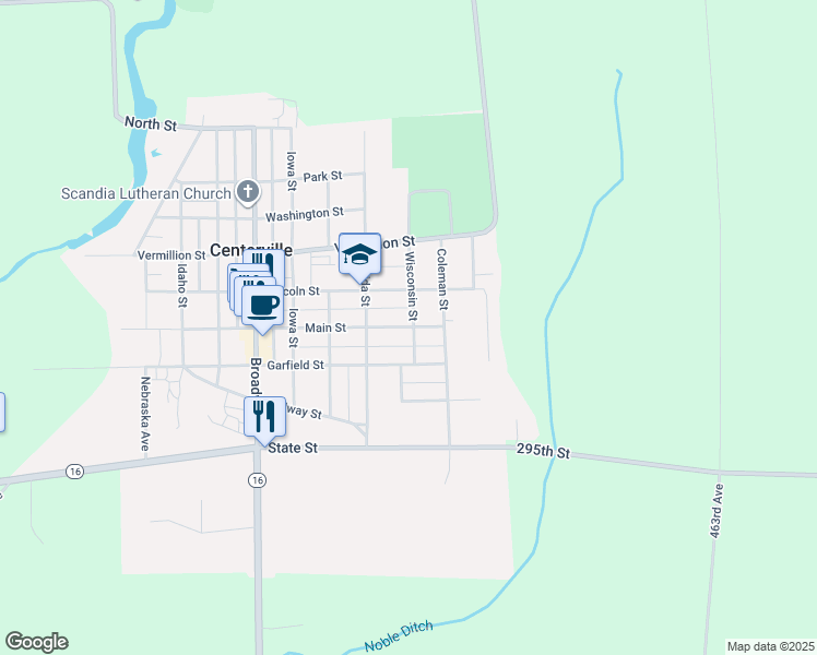 map of restaurants, bars, coffee shops, grocery stores, and more near 511 Main Street in Centerville