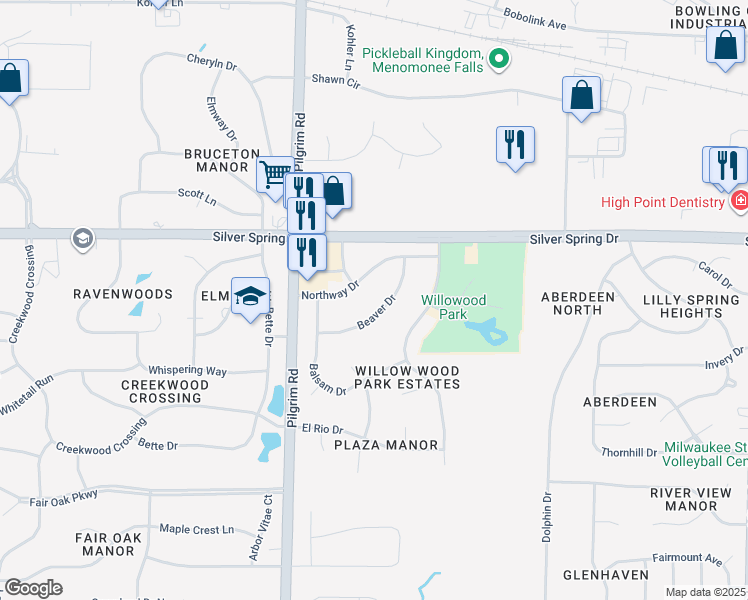 map of restaurants, bars, coffee shops, grocery stores, and more near N55W15383 Northway Drive in Menomonee Falls