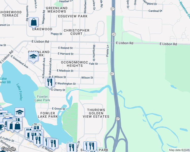 map of restaurants, bars, coffee shops, grocery stores, and more near N53W37135 East Madison Street in Oconomowoc