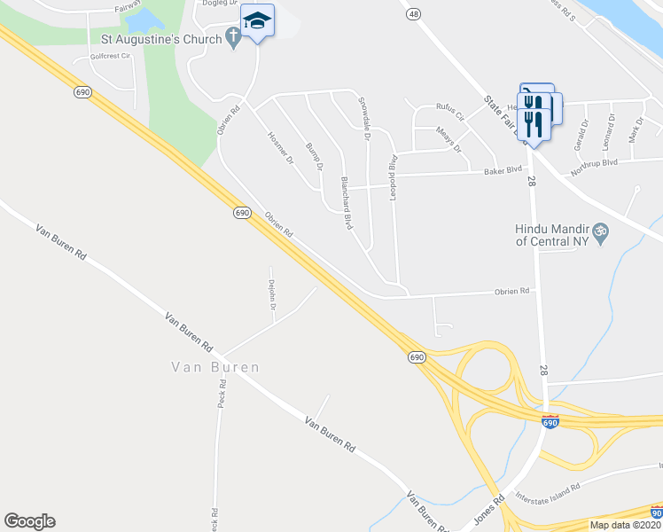 map of restaurants, bars, coffee shops, grocery stores, and more near 7100 Obrien Road in Baldwinsville