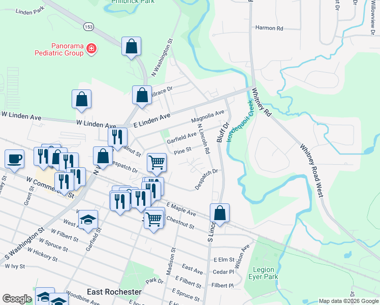 map of restaurants, bars, coffee shops, grocery stores, and more near 119 Pine Street in East Rochester