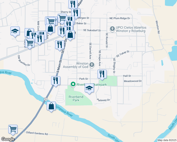 map of restaurants, bars, coffee shops, grocery stores, and more near 385 Darrell Avenue in Winston