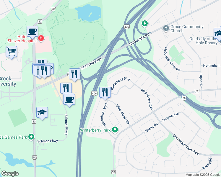 map of restaurants, bars, coffee shops, grocery stores, and more near 175 Winterberry Boulevard in Thorold