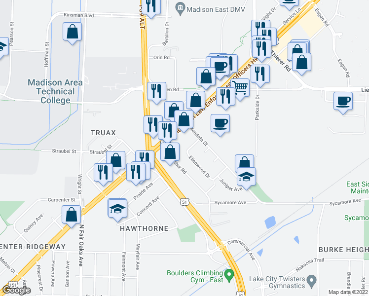 map of restaurants, bars, coffee shops, grocery stores, and more near 3802 Hoover Drive in Madison
