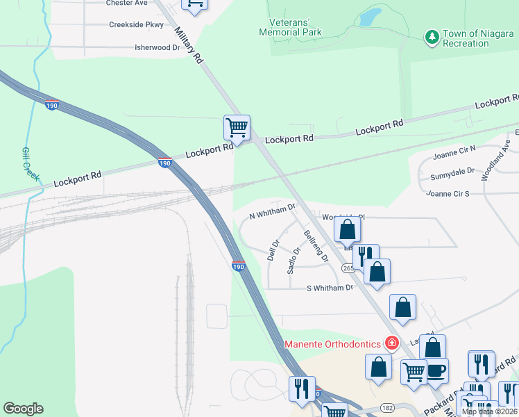 map of restaurants, bars, coffee shops, grocery stores, and more near 6151 N Whitham Dr in Niagara Falls