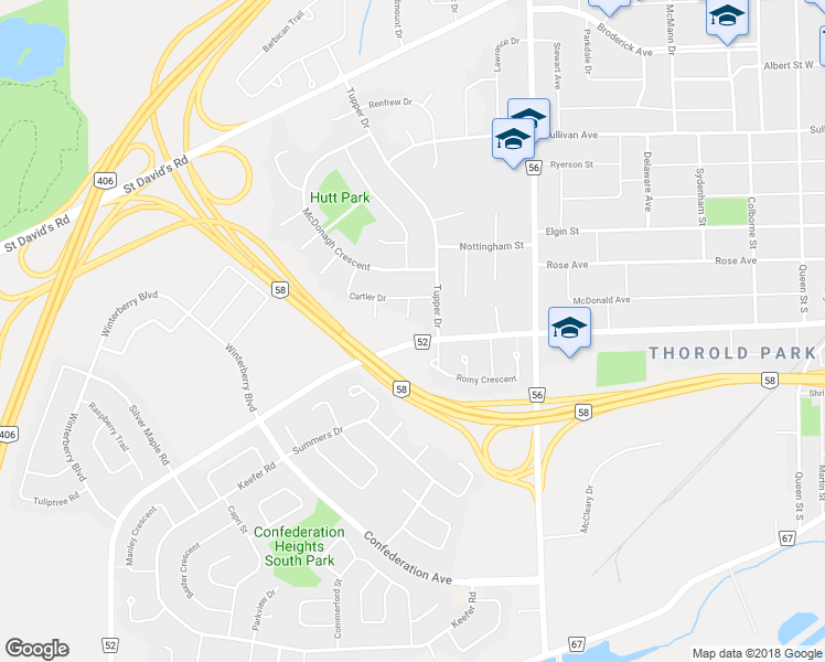 map of restaurants, bars, coffee shops, grocery stores, and more near 20 Baldwin Circle in Thorold