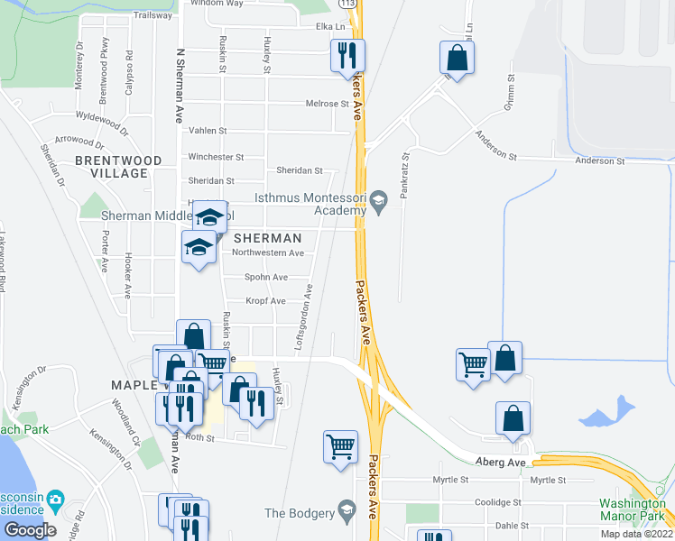 map of restaurants, bars, coffee shops, grocery stores, and more near 1520 Packers Avenue in Madison