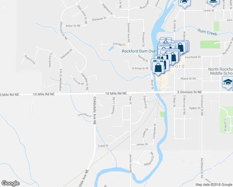 map of restaurants, bars, coffee shops, grocery stores, and more near 148 West Division Street Northeast in Rockford