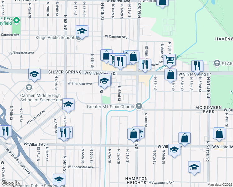 map of restaurants, bars, coffee shops, grocery stores, and more near 6220 West Birch Avenue in Milwaukee