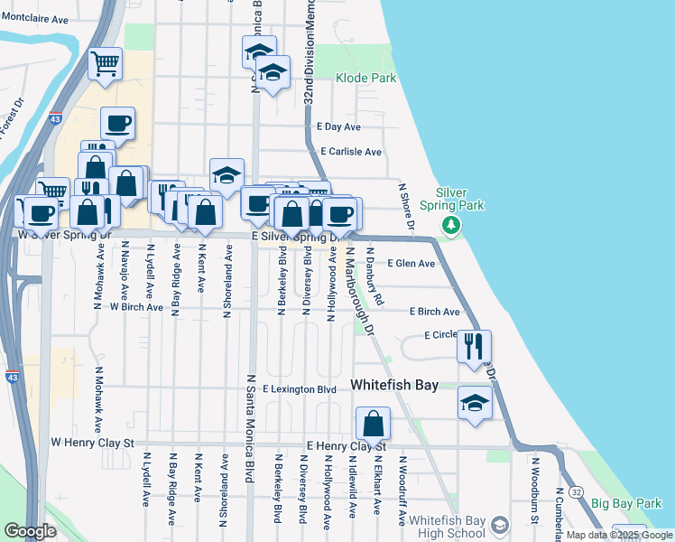 map of restaurants, bars, coffee shops, grocery stores, and more near 5550 North Hollywood Avenue in Whitefish Bay