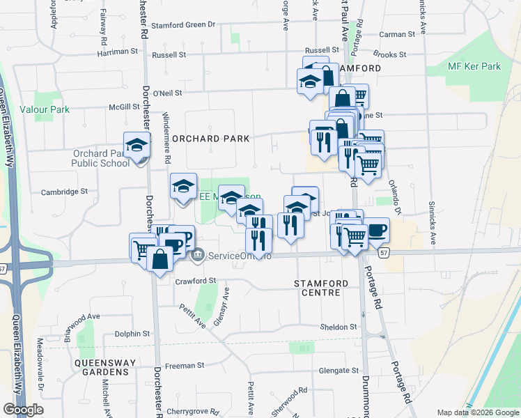 map of restaurants, bars, coffee shops, grocery stores, and more near 6529 Saint John Street in Niagara Falls