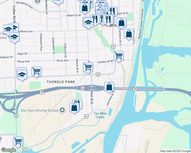 map of restaurants, bars, coffee shops, grocery stores, and more near 21 Richmond Street in Thorold