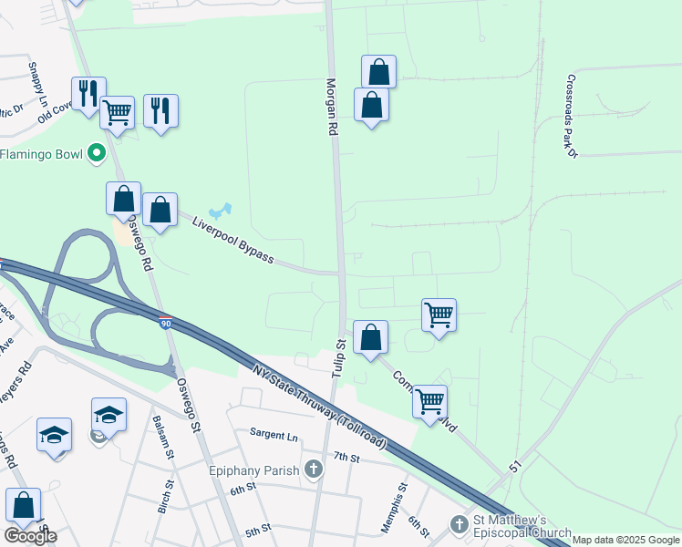 map of restaurants, bars, coffee shops, grocery stores, and more near Morgan Road & Liverpool Bypass in Liverpool