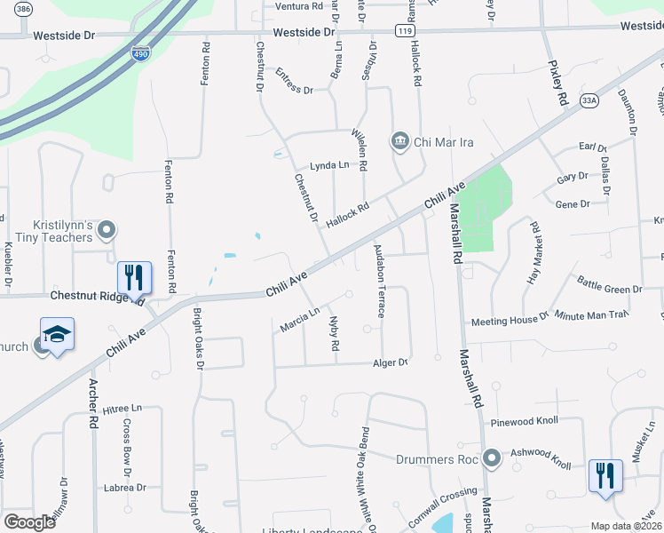 map of restaurants, bars, coffee shops, grocery stores, and more near 2855 Chili Avenue in Rochester
