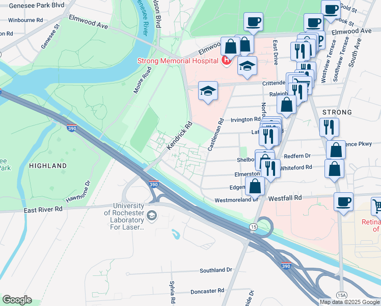 map of restaurants, bars, coffee shops, grocery stores, and more near 101 University Park in Rochester