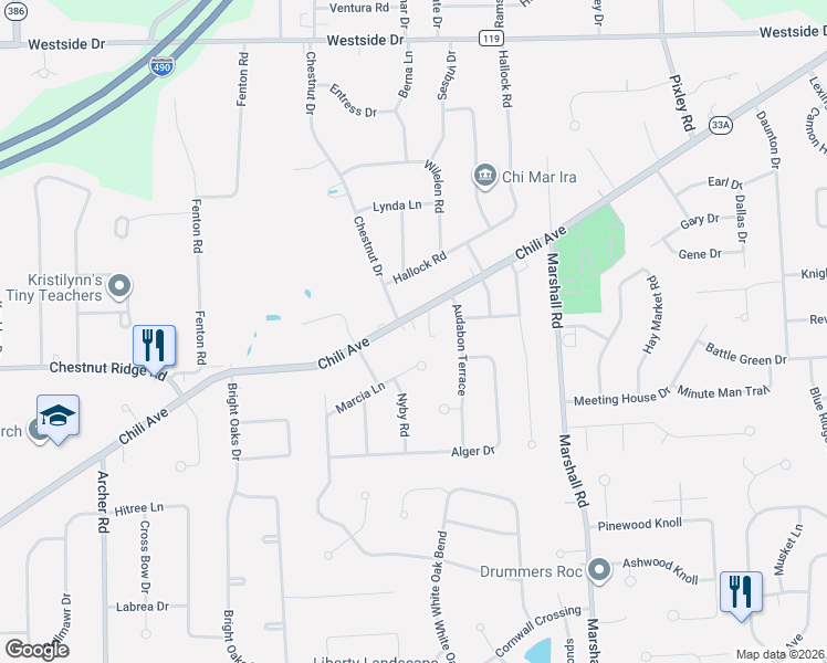 map of restaurants, bars, coffee shops, grocery stores, and more near 2855 Chili Avenue in Rochester