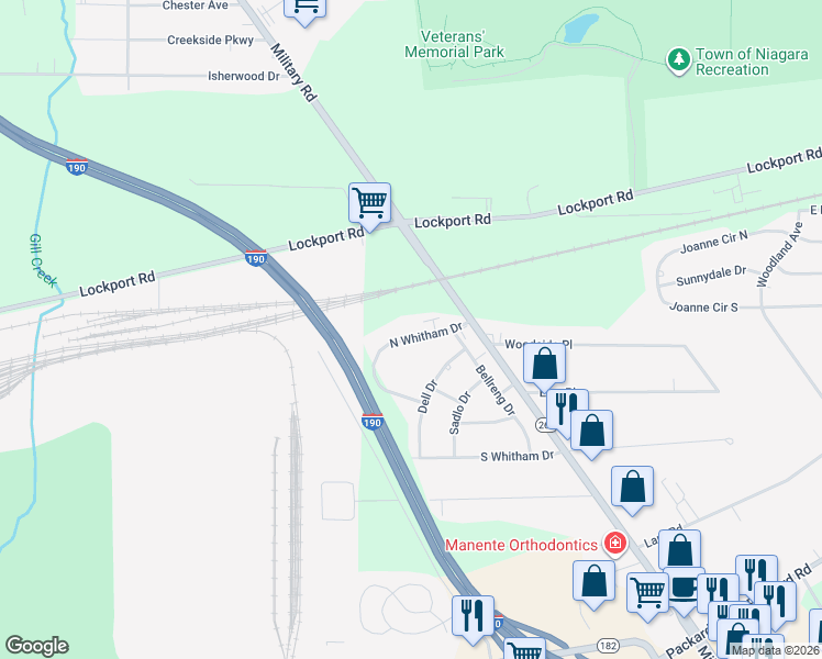 map of restaurants, bars, coffee shops, grocery stores, and more near 6151 North Whitham Drive in Niagara Falls
