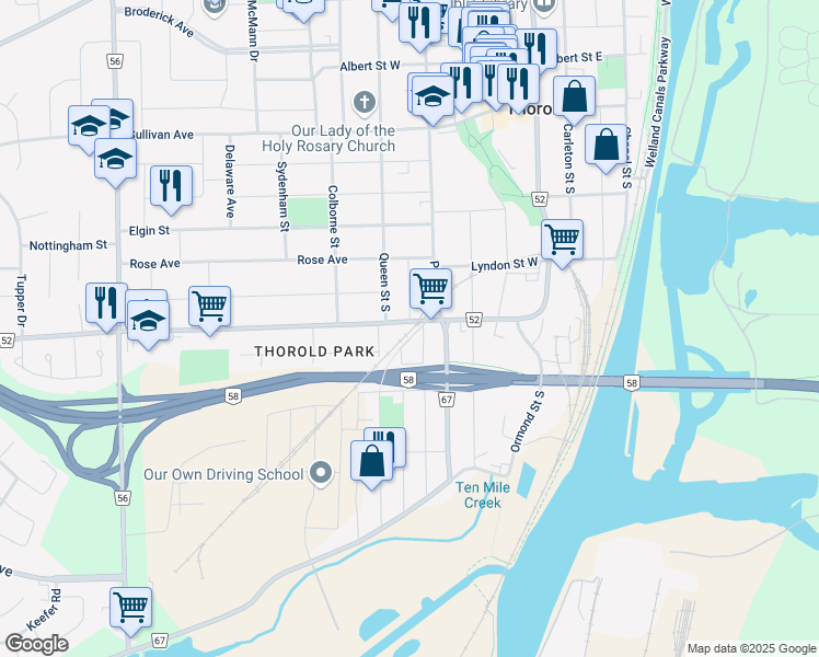 map of restaurants, bars, coffee shops, grocery stores, and more near 116 Queen Street South in Thorold